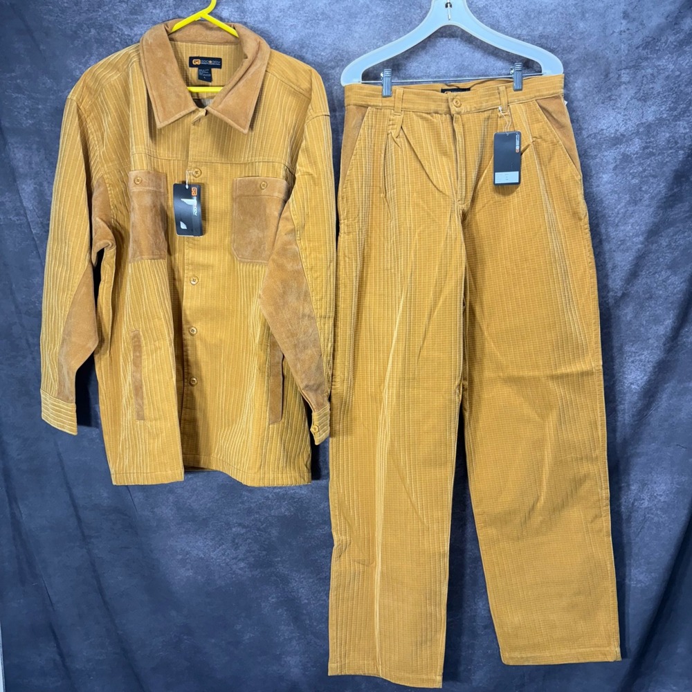 Y2K GodBody Velvet Corduroy Outfit Shirt Pants Sz L 34 Mustard Streetwear Baggy